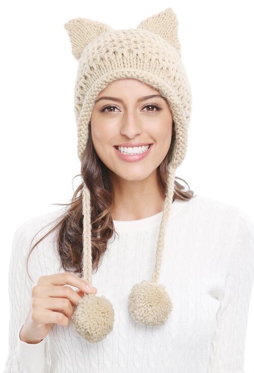 Accessories - 5883 Winter Cute Cat Ears Knit Hat Ear Flap Crochet Beanie Hat,Beige